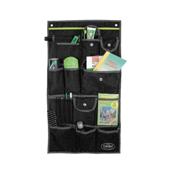 Camping Organizer Tessa Grande, schwarz/lime Ösen und Kederbefestigung